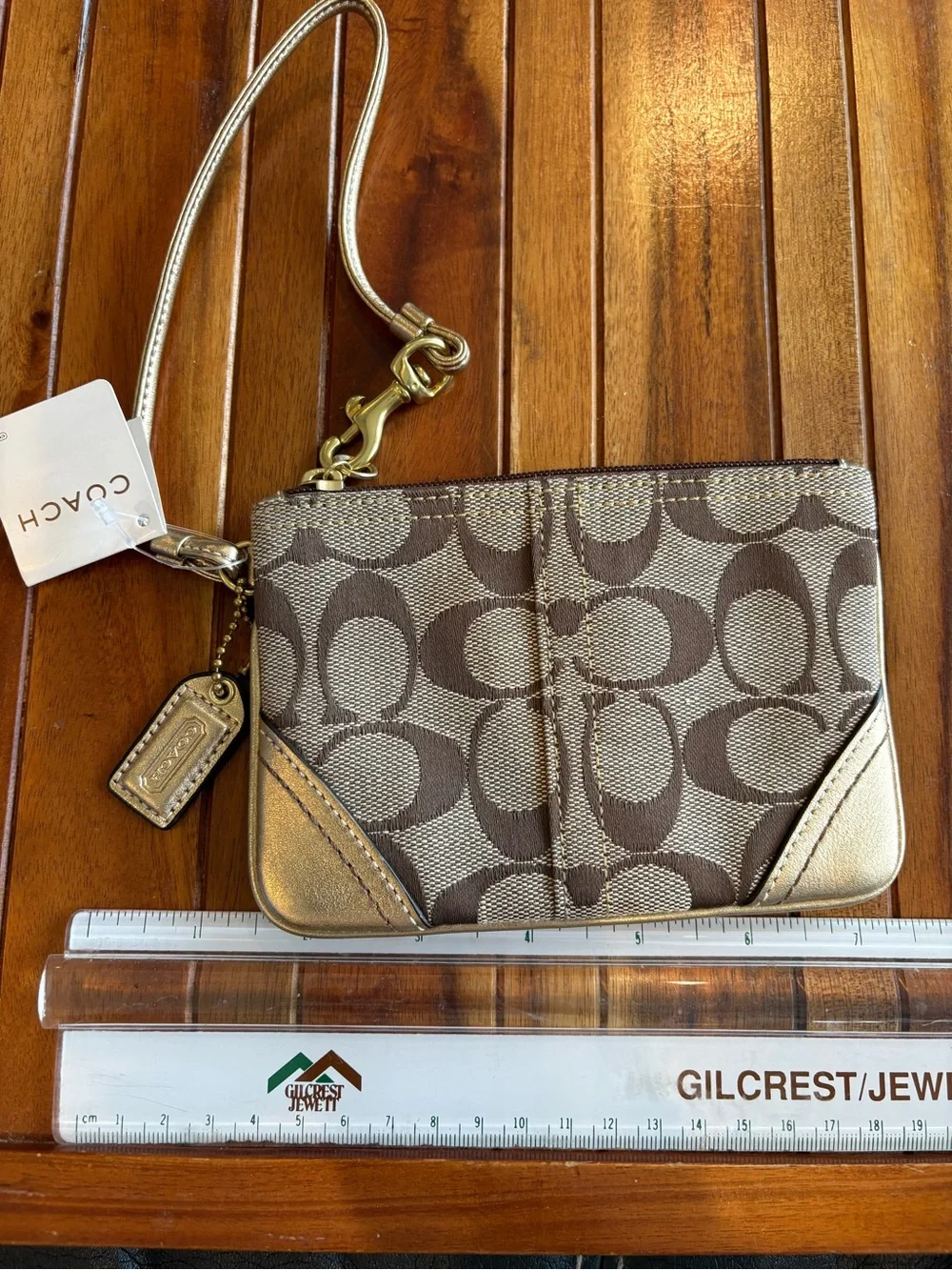 COACH Signature Jacquard Gold Canvas Coin Pouch Wristlet Wallet NWT